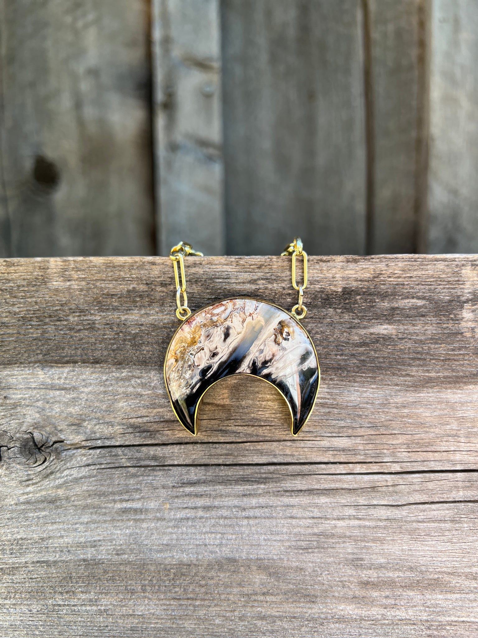 Petrified Palm Wood Crescent Necklace in Gold Alchemia #170