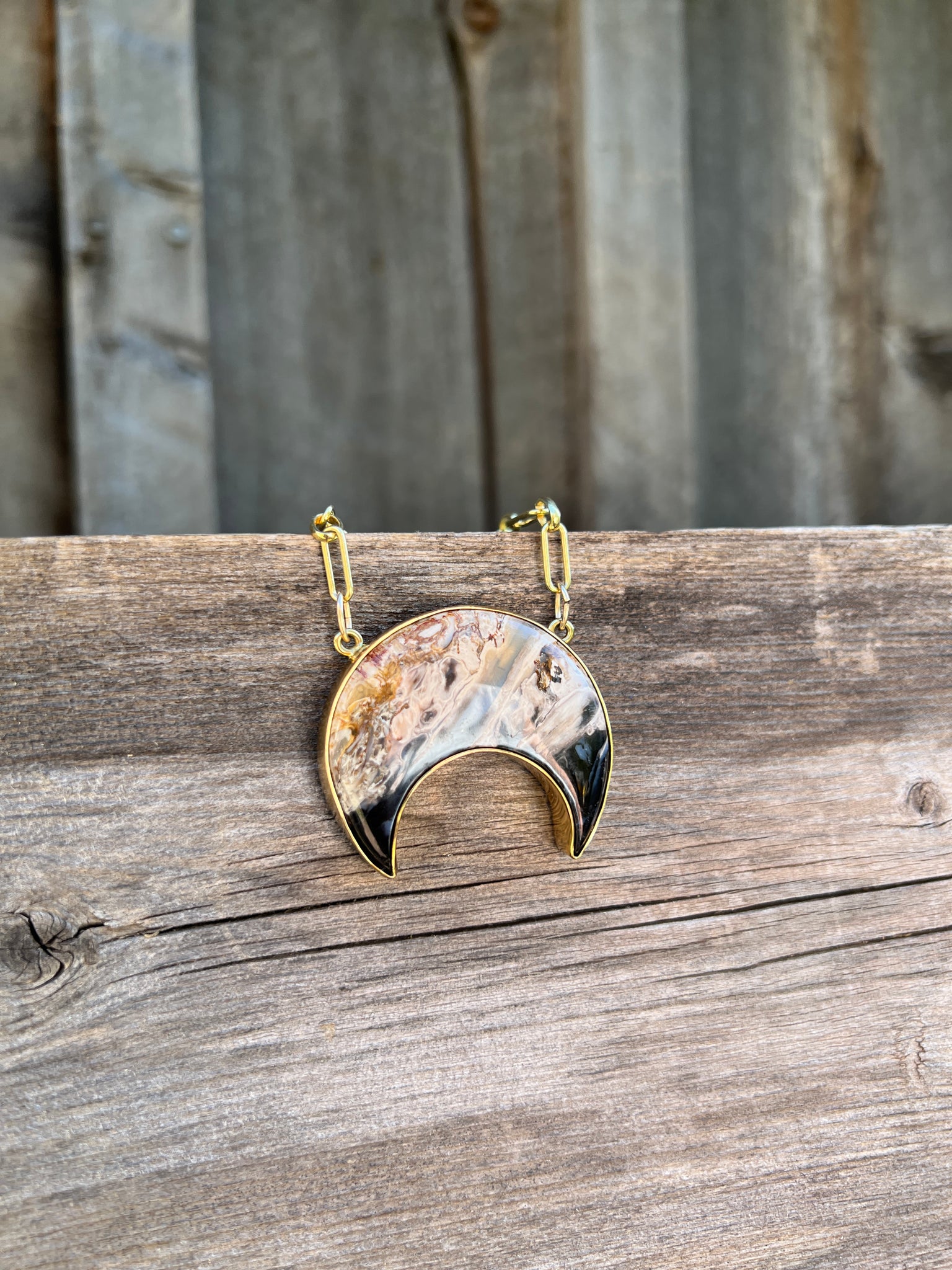 Petrified Palm Wood Crescent Necklace in Gold Alchemia #170