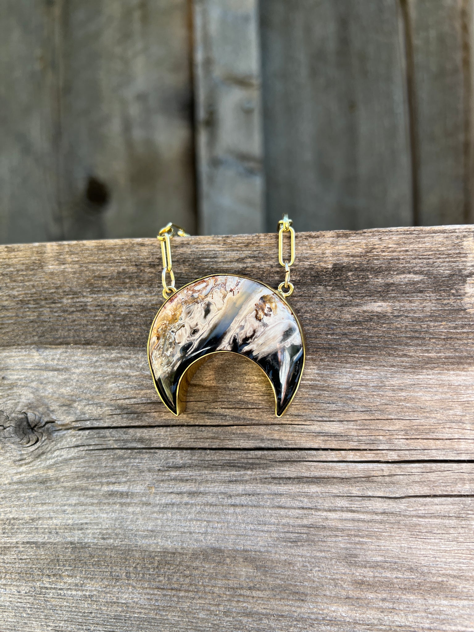 Petrified Palm Wood Crescent Necklace in Gold Alchemia #170