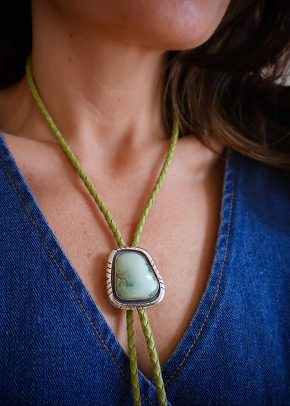Variscite & Sterling Silver Bolo with Chartreuse Green Leather