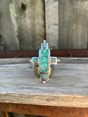 Cloud Mountain Turquoise & Millefiori Glass Bead Ring in Sterling Silver #189