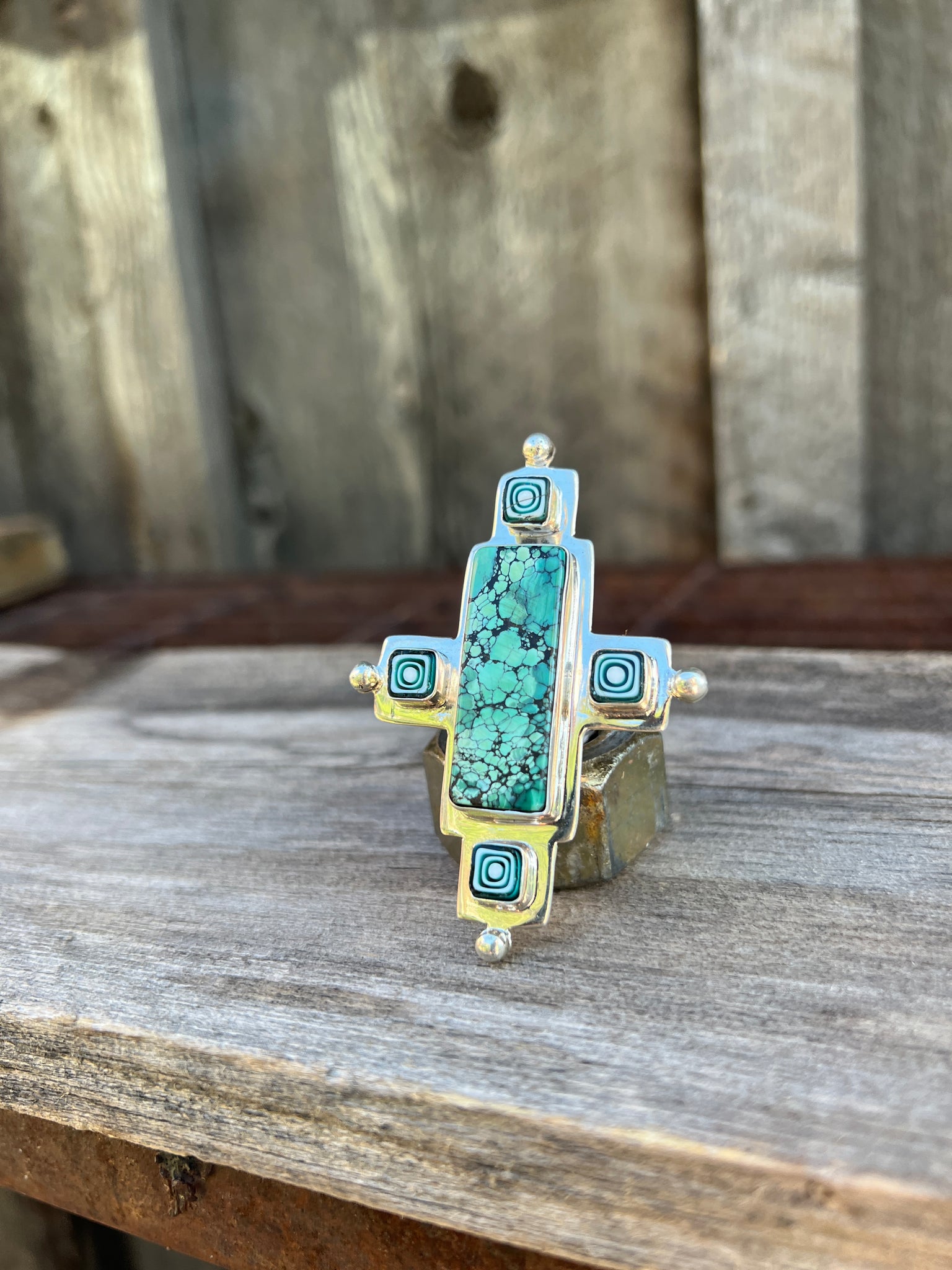 Cloud Mountain Turquoise & Millefiori Glass Bead Ring in Sterling Silver #189