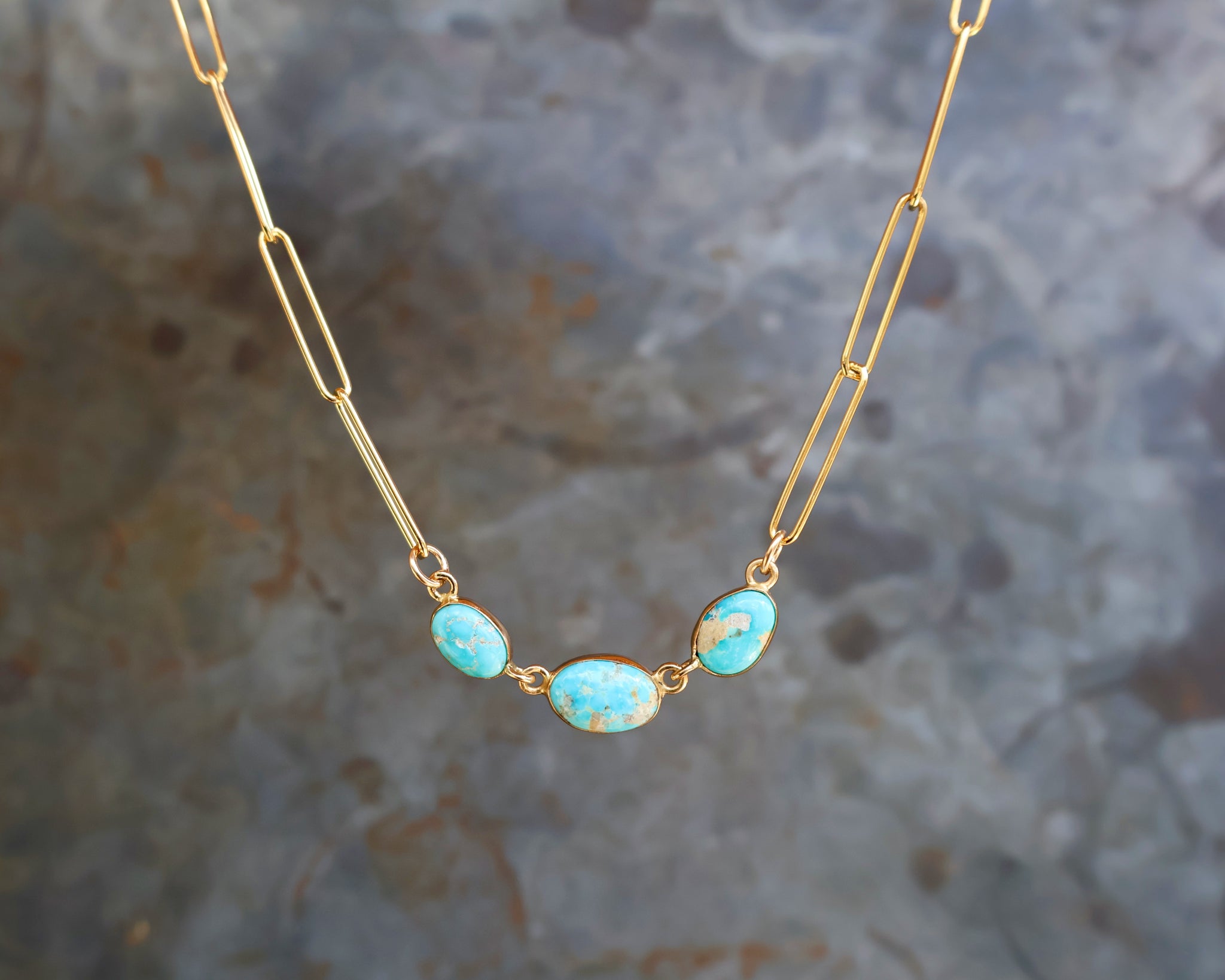 Triple Turquoise Necklace with Gold Fill Paperclip Chain B8