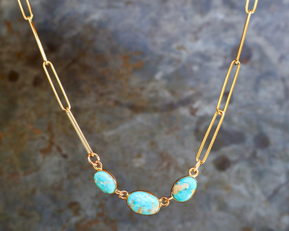 Triple Turquoise Necklace with Gold Fill Paperclip Chain