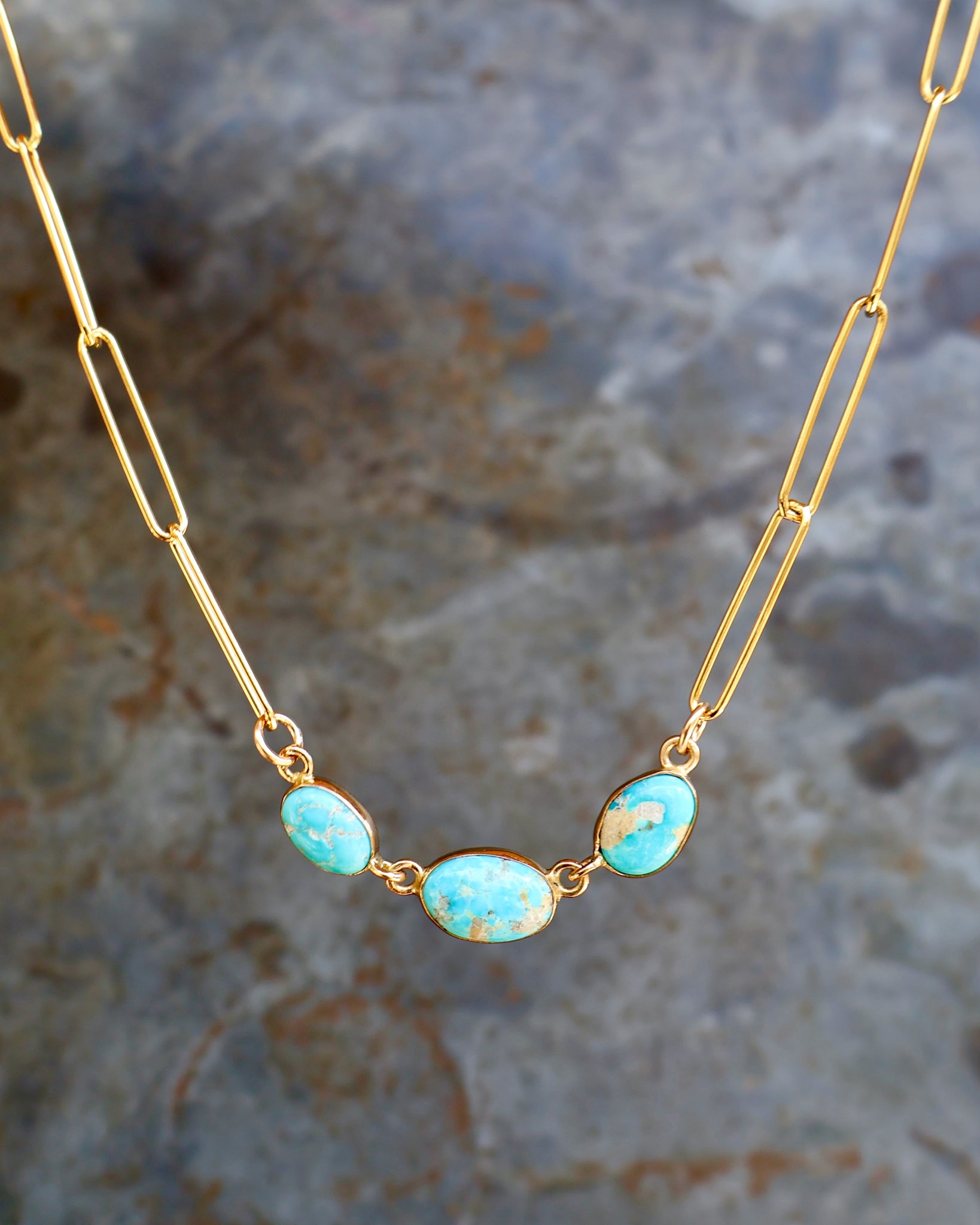 Triple Turquoise Necklace with Gold Fill Paperclip Chain B8