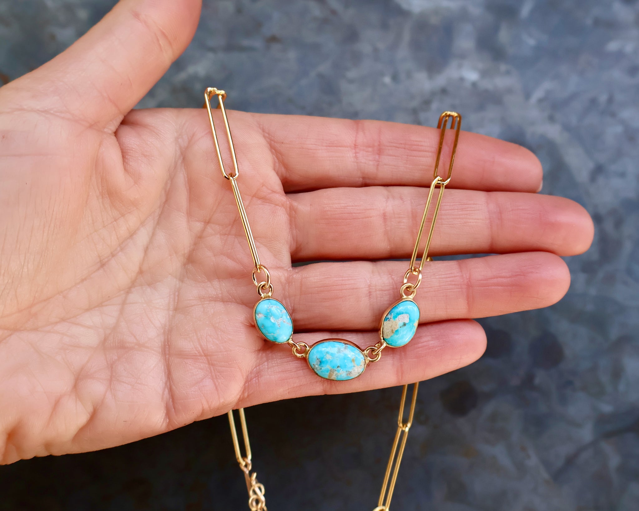 Triple Turquoise Necklace with Gold Fill Paperclip Chain B8