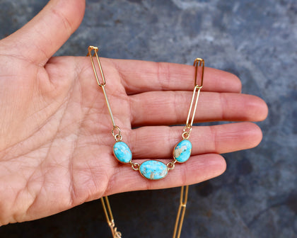 Triple Turquoise Necklace with Gold Fill Paperclip Chain