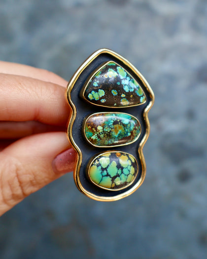 Hubei Turquoise Shadow Box Ring in Gold Alchemia- Adjustable Size
