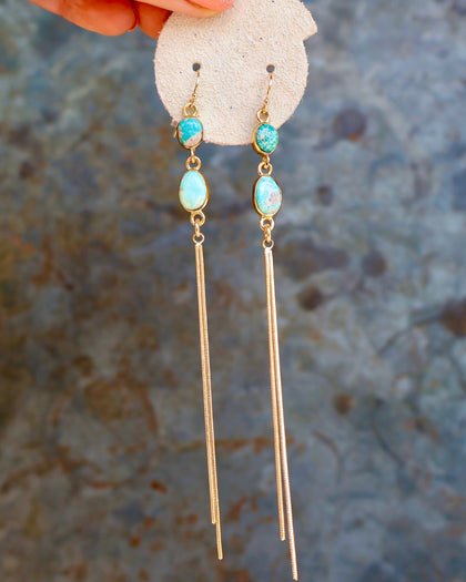 Turquoise & Sparkling Snake Chain Long Earrings