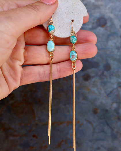 Turquoise & Sparkling Snake Chain Long Earrings