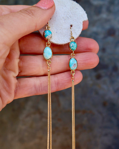Turquoise & Sparkling Snake Chain Long Earrings