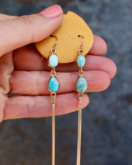Turquoise & Sparkling Snake Chain Long Earrings