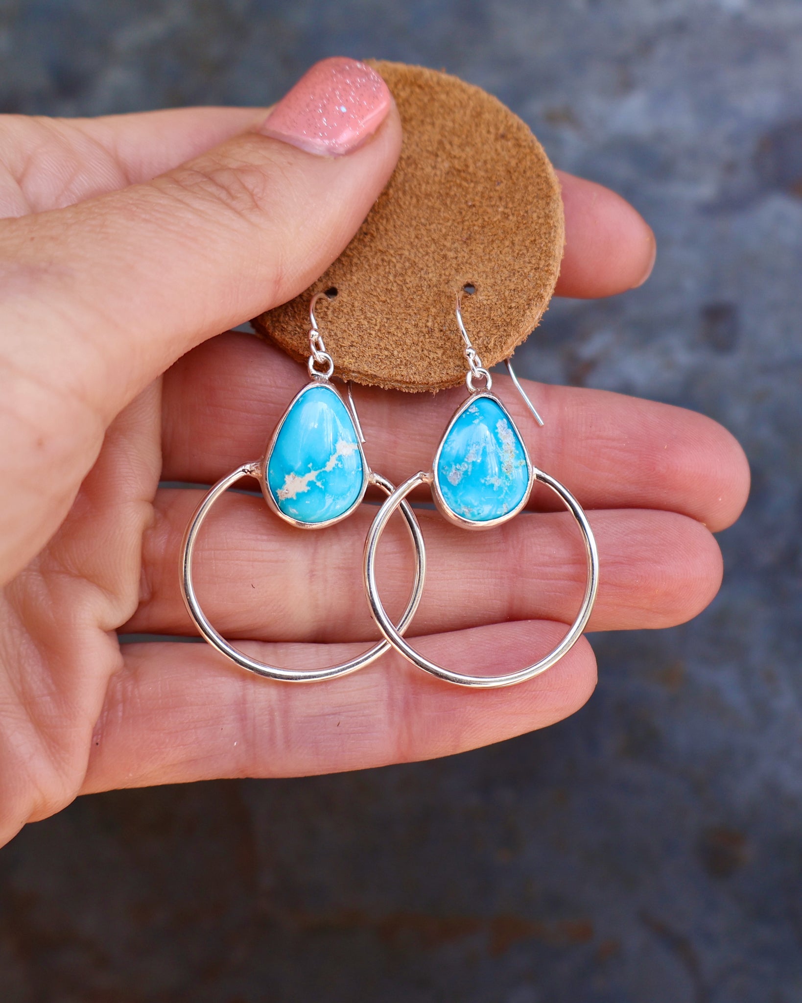Turquoise & Sterling Silver Hoop Earrings B23