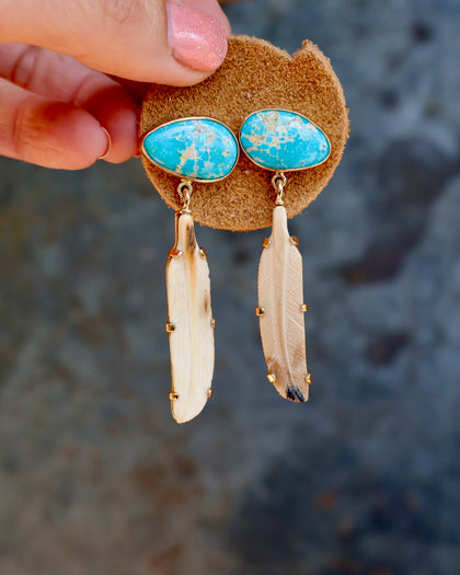 Boheme Feather Earring Carved Bone & Turquoise with Gold Alchemia