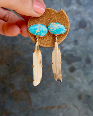 Boheme Feather Earring Carved Bone & Turquoise with Gold Alchemia B29