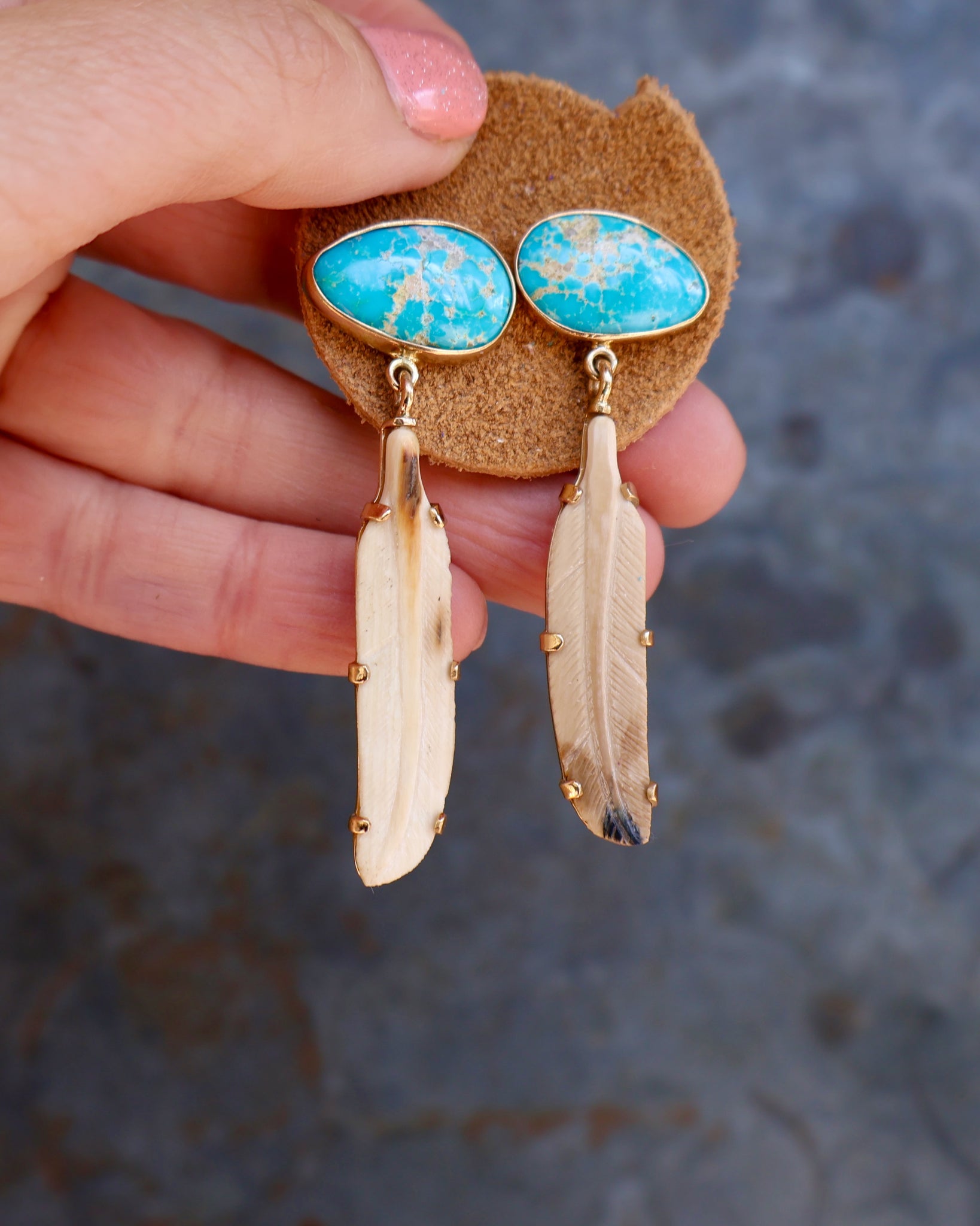 Boheme Feather Earring Carved Bone & Turquoise with Gold Alchemia B29