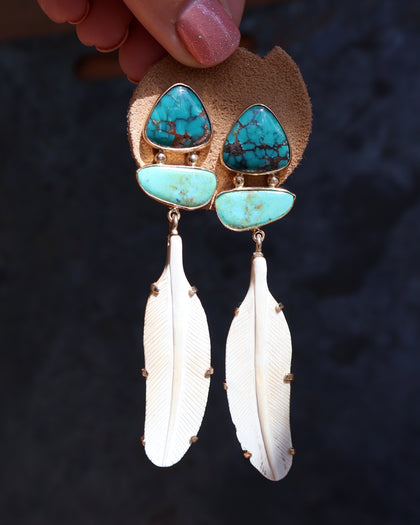 Boheme Feather Earring Carved Bone & Turquoise with Gold Alchemia