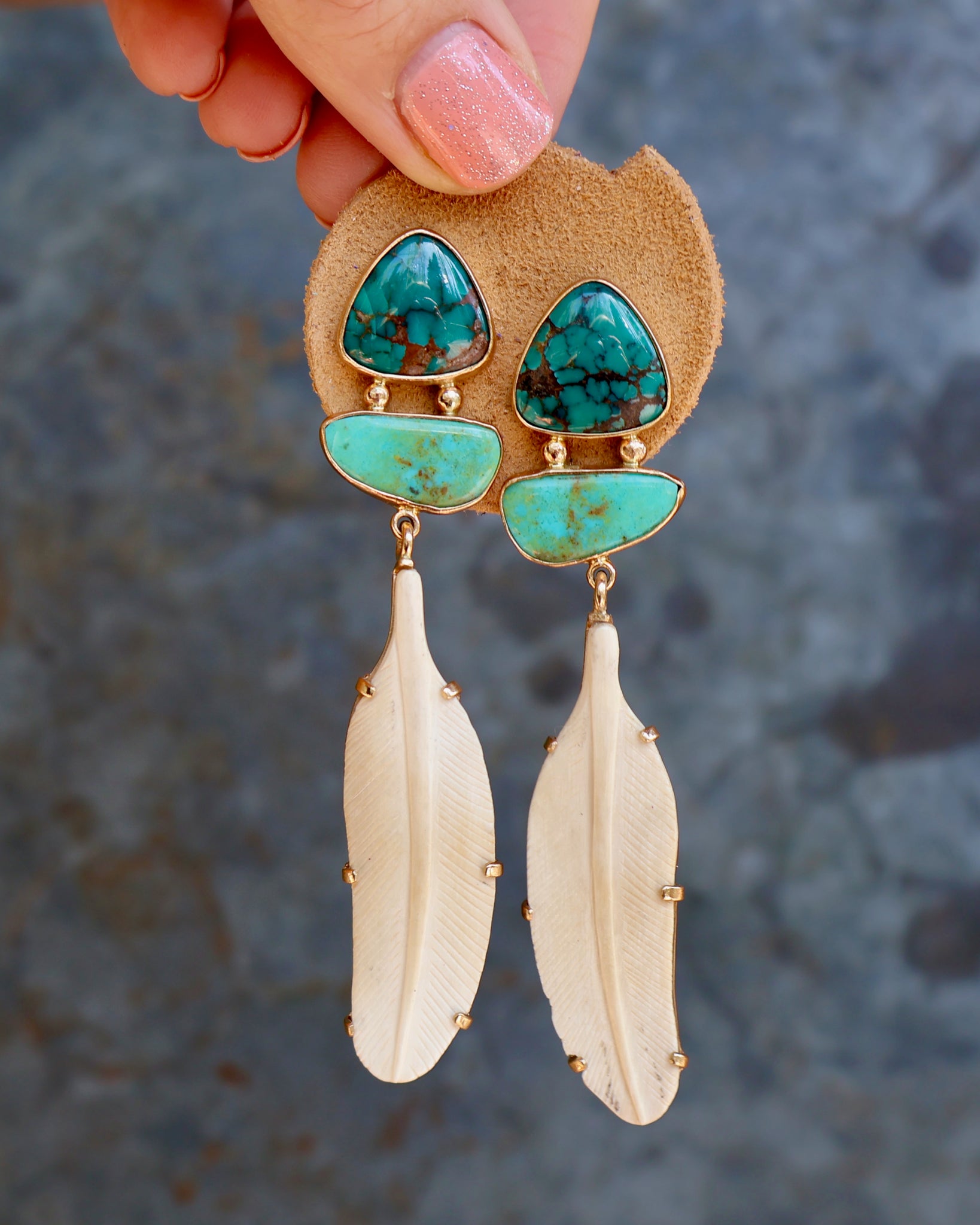 Boheme Feather Earring Carved Bone & Turquoise with Gold Alchemia B30