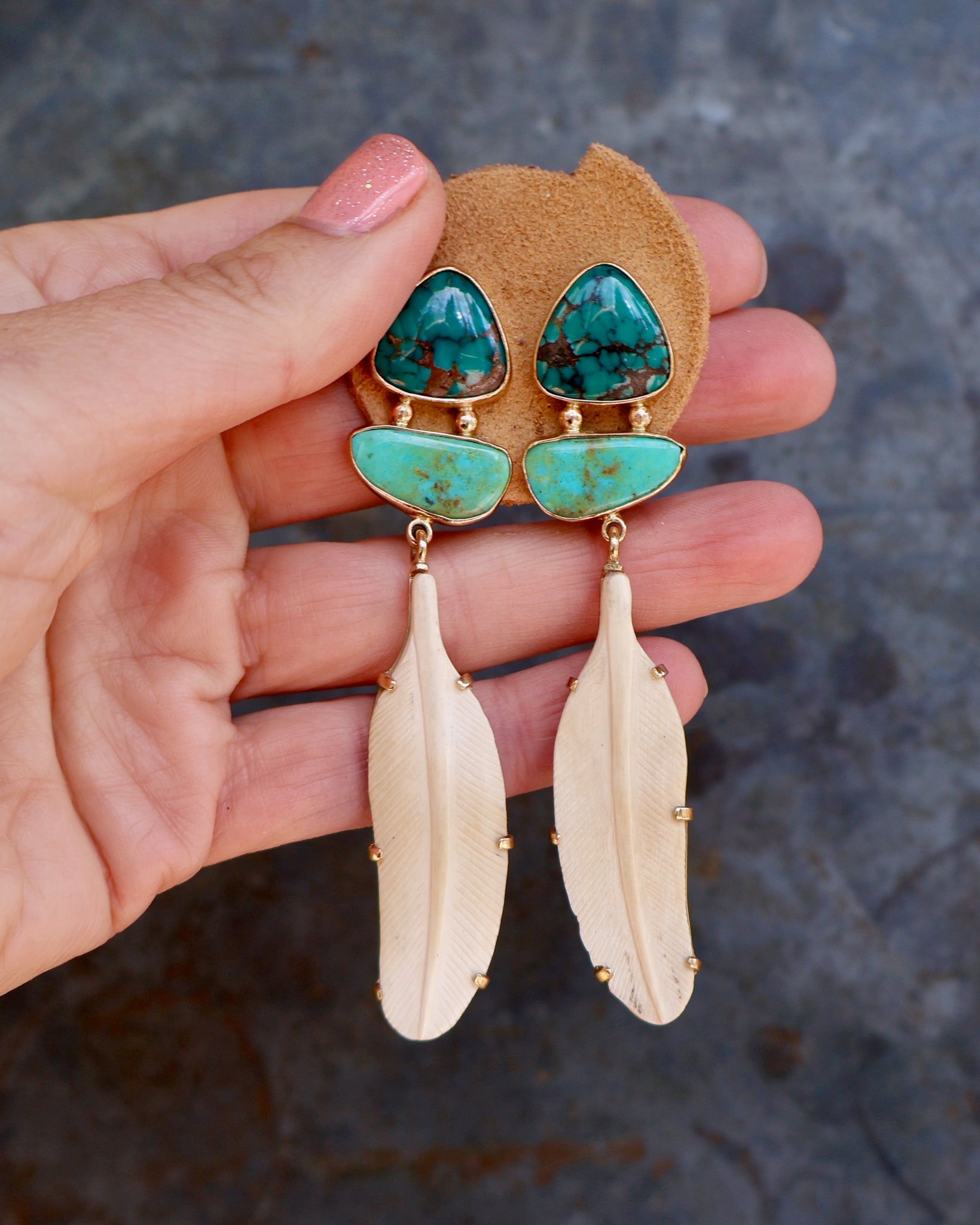 Boheme Feather Earring Carved Bone & Turquoise with Gold Alchemia B30