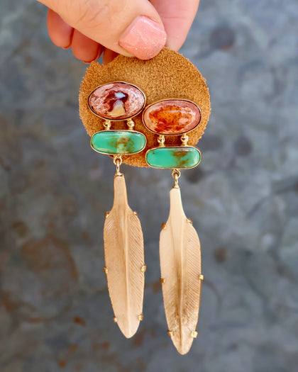 Boheme Feather Earring with Cantera Opal Carved Bone & Turquoise with Gold Alchemia
