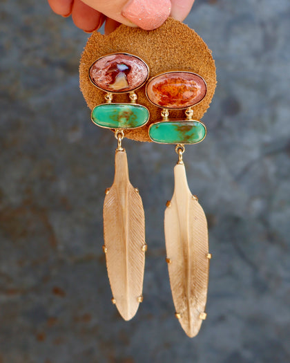 Boheme Feather Earring with Cantera Opal Carved Bone & Turquoise with Gold Alchemia