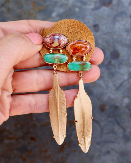 Boheme Feather Earring with Cantera Opal Carved Bone & Turquoise with Gold Alchemia