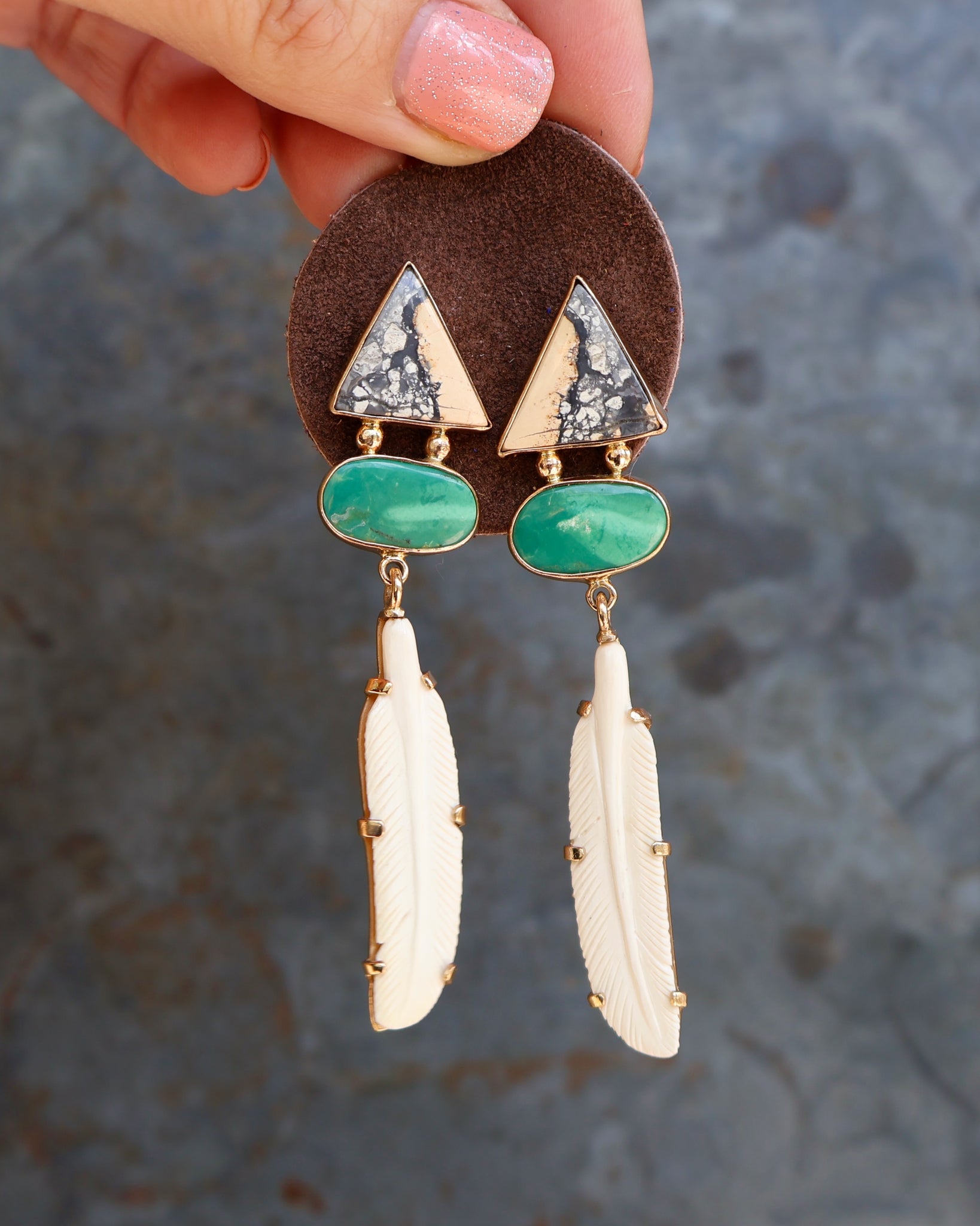 Boheme Feather Earring with Carved Bone & Turquoise with Gold Alchemia B32