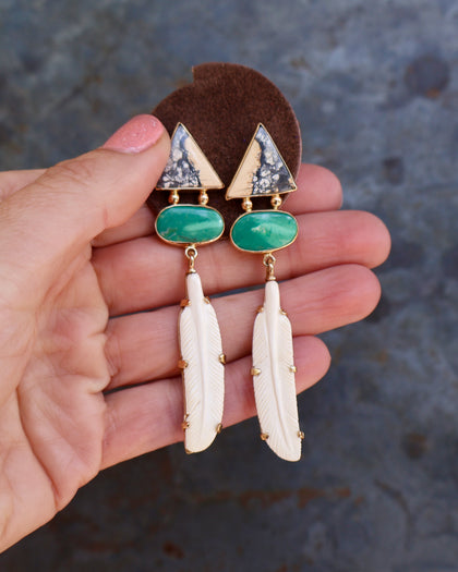 Boheme Feather Earring with Carved Bone & Turquoise with Gold Alchemia