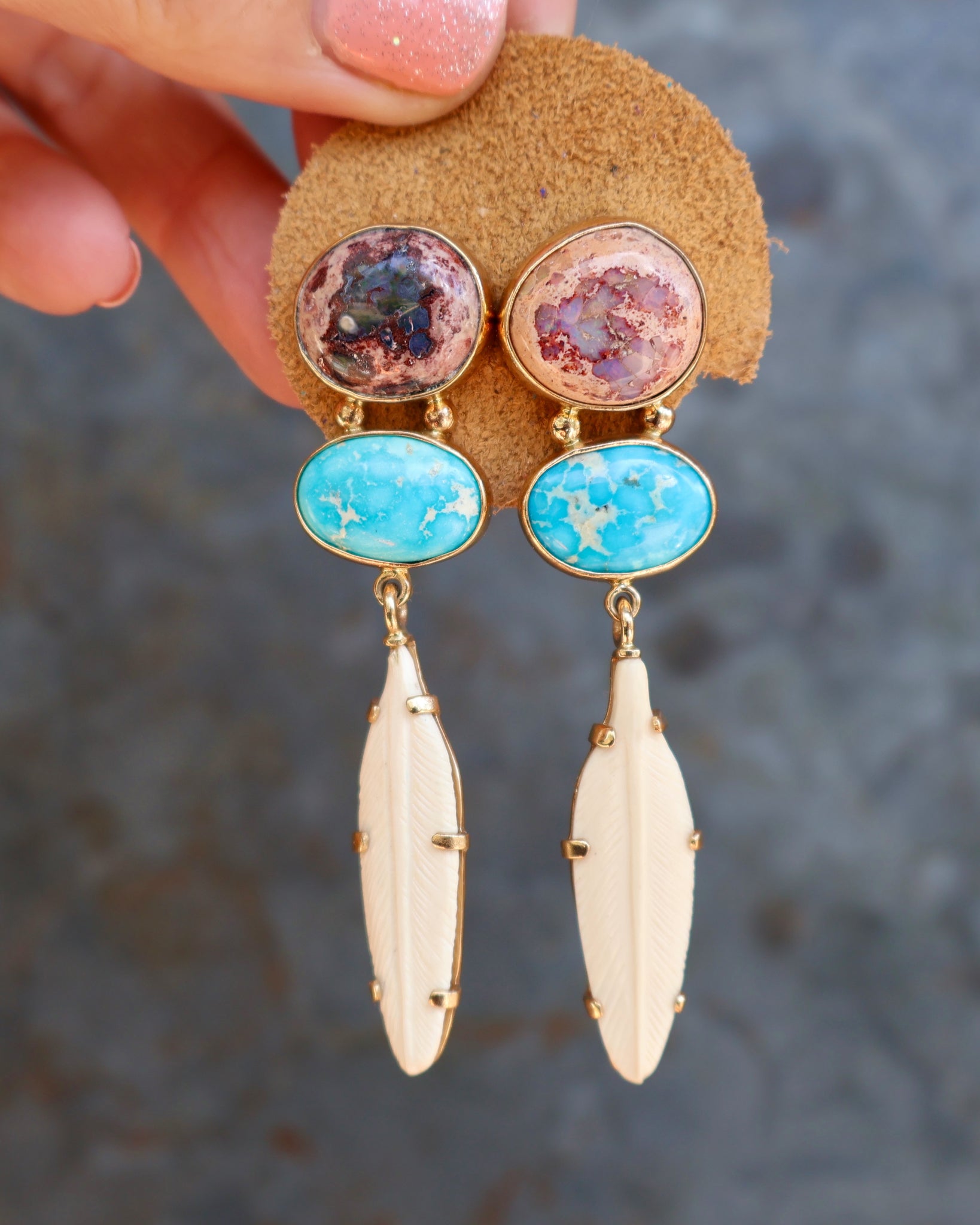 Boheme Feather Earring with Cantera Opal,  Carved Bone & Turquoise in Gold Alchemia B33