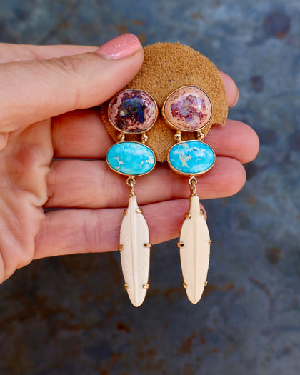Boheme Feather Earring with Cantera Opal,  Carved Bone & Turquoise in Gold Alchemia