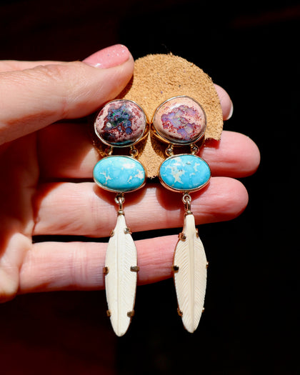 Boheme Feather Earring with Cantera Opal,  Carved Bone & Turquoise in Gold Alchemia