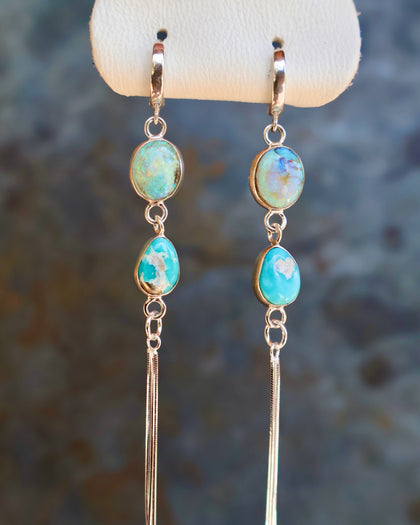 Turquoise & Opal Sparkling Snake Chain Long Earring in Sterling Silver