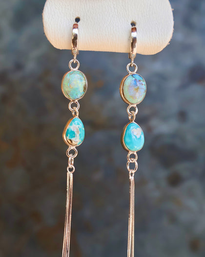 Turquoise & Opal Sparkling Snake Chain Long Earring in Sterling Silver