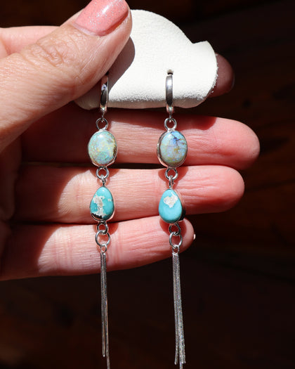 Turquoise & Opal Sparkling Snake Chain Long Earring in Sterling Silver