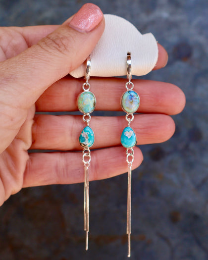 Turquoise & Opal Sparkling Snake Chain Long Earring in Sterling Silver