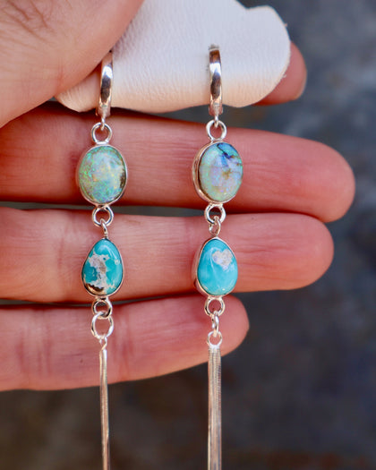 Turquoise & Opal Sparkling Snake Chain Long Earring in Sterling Silver