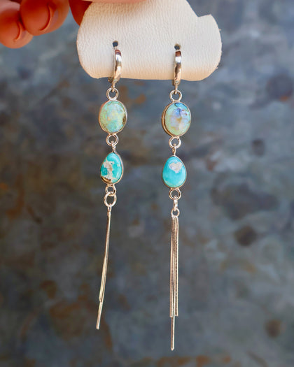 Turquoise & Opal Sparkling Snake Chain Long Earring in Sterling Silver