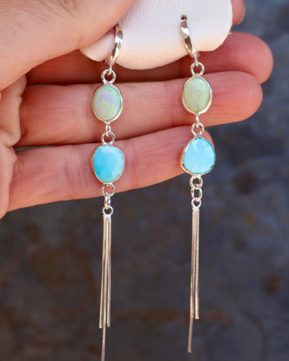 Turquoise & Opal Sparkling Snake Chain Long Earring in Sterling Silver