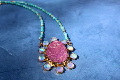 Desert Bloom Necklace Cobalto Calcite & Aurora Opal with Campitos Turquoise