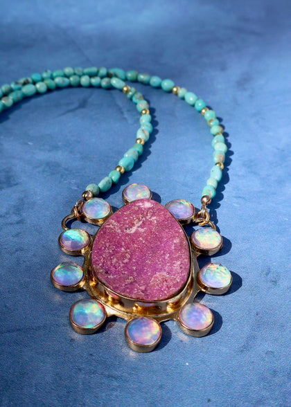 Desert Bloom Necklace Cobalto Calcite & Aurora Opal with Campitos Turquoise