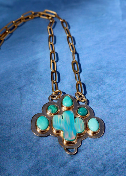 Desert Bloom Aurora Opal Cactus & Turquoise Necklace