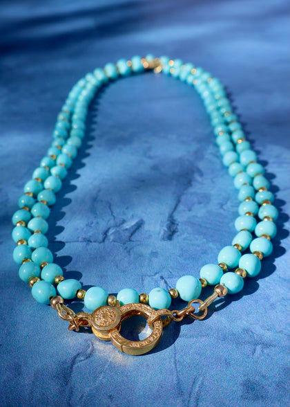 Diamond Clasp 5mm Sky Blue Campitos Turquoise & Gold Fill Beaded Necklace