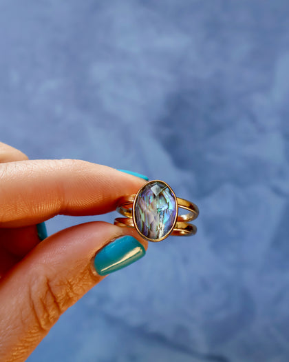 Abalone Crystal Doublet Double Band Adjustable Ring