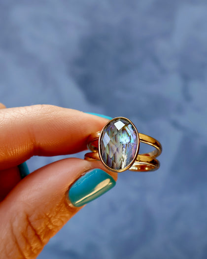 Abalone Crystal Doublet Double Band Adjustable Ring