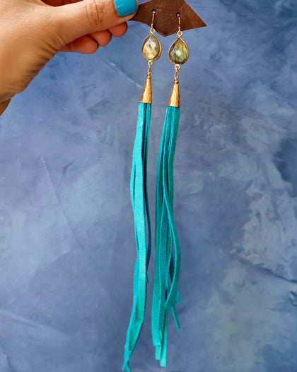 Teal Leather Labradorite Earrings