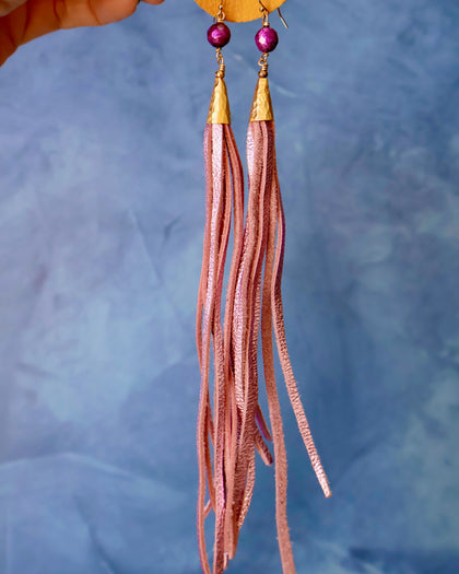 Metallic Pink & Gold Leather Earrings with faceted pearl