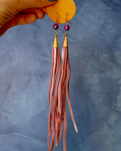 Metallic Pink & Gold Leather Earrings with faceted pearl