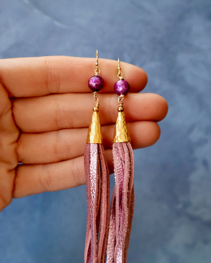 Metallic Pink & Gold Leather Earrings with faceted pearl