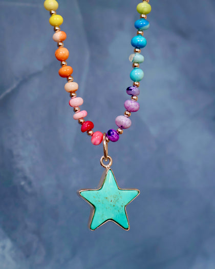 Turquoise Star with Rainbow Opal Necklace in Sterling Silver
