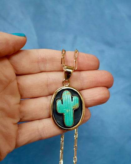 Campitos Turquoise Cactus Shadow Box Pendant on Gold Fill Chain